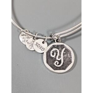 Silver Tone Initial Y Charm Bangle Bracelet 8.5" Dangle Heart Accents